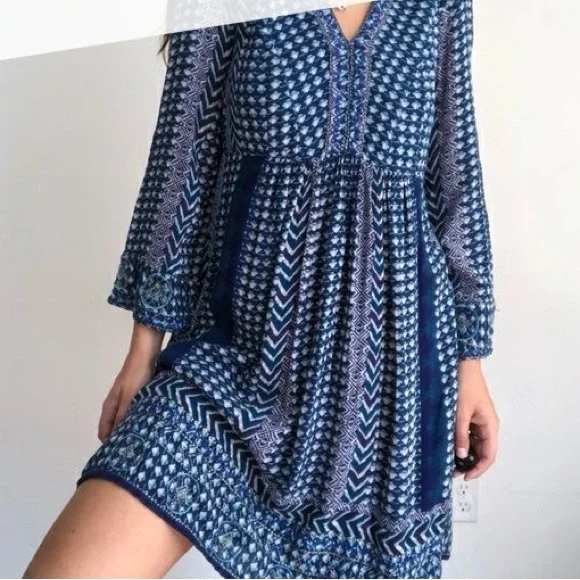 Anthropologie Elegant Blue Patterned Dress - Picture 2 of 5